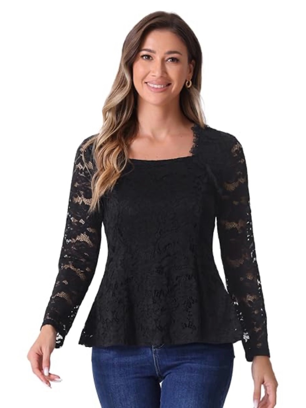 Takara Black Lace Peplum Blouse - Long Sleeve